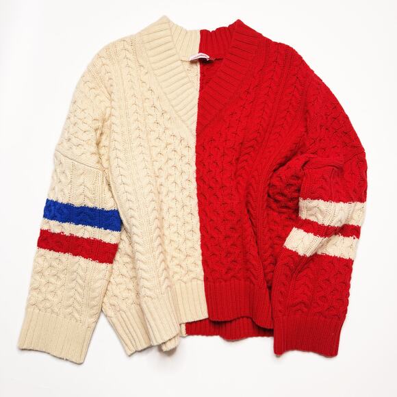 Charles Jeffrey Loverboy Off White Red College Cricket Cable Knit Wool Sweater - Picture 4 of 15